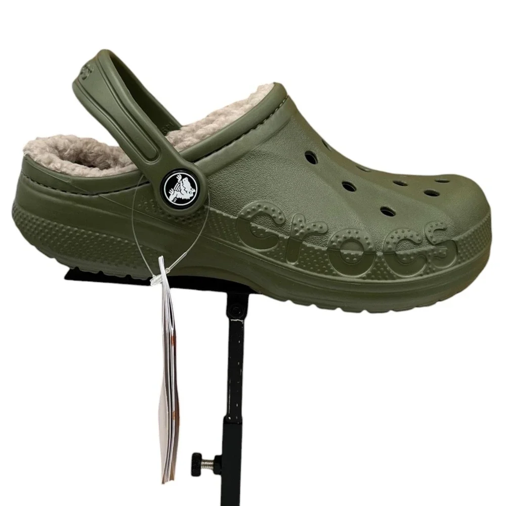 Crocs Youth Big Boys Lined Clogs Size 2 (J2) Army Green Cozy Warm Slip-on Shoes